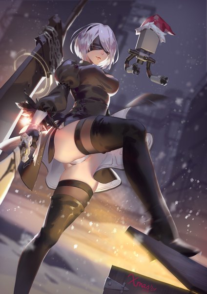Anime picture 707x1000 with nier nier:automata yorha no. 2 type b pod (nier:automata) jofang single tall image short hair breasts light erotic standing silver hair blurry mole depth of field light standing on one leg snowing winter snow