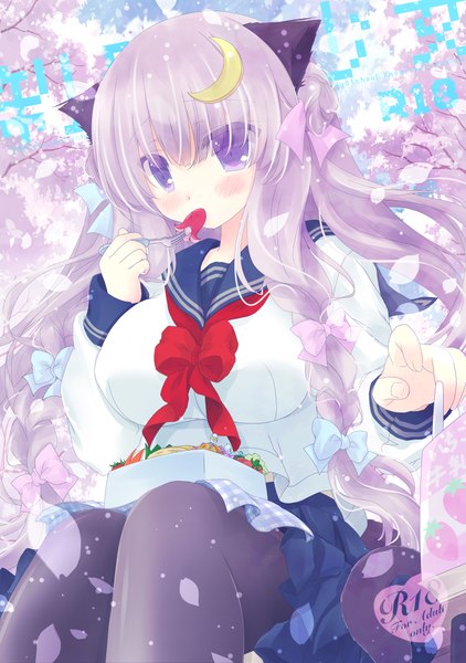 Anime picture 1500x2133 with touhou patchouli knowledge shiromomo single long hair tall image blush breasts large breasts purple eyes animal ears purple hair braid (braids) cat ears girl skirt uniform bow hair bow miniskirt