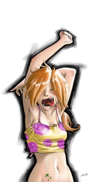 Anime picture 1689x3307 with original salvador ramirez madriz single tall image blush open mouth light erotic simple background blonde hair white background signed upper body ponytail eyes closed orange hair arms up teeth bare belly armpit (armpits) midriff