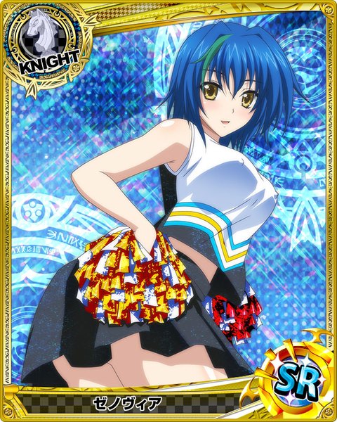 Anime picture 640x800 with highschool dxd xenovia quarta single tall image looking at viewer blush short hair breasts open mouth light erotic yellow eyes blue hair multicolored hair two-tone hair streaked hair card (medium) cheerleader girl skirt