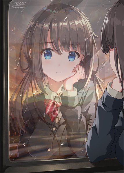 Anime picture 762x1069 with original rin yuu single long hair tall image looking at viewer blue eyes brown hair twintails signed cloud (clouds) upper body twitter username low twintails evening reflection sunset rain hand on face girl