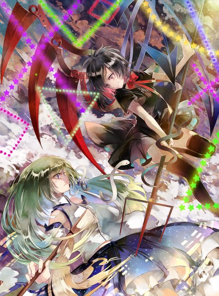 Anime picture 1039x1400 with touhou kochiya sanae houjuu nue vima long hair tall image short hair blue eyes black hair smile red eyes holding cloud (clouds) traditional clothes green hair zettai ryouiki magic miko midair thighhighs