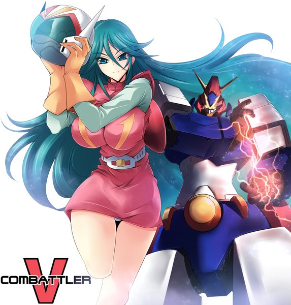 Anime picture 1374x1440 with chou denji robo combattler v nanbara chizuru haganef single tall image looking at viewer breasts blue eyes light erotic simple background smile large breasts white background blue hair very long hair girl underwear panties helmet robot