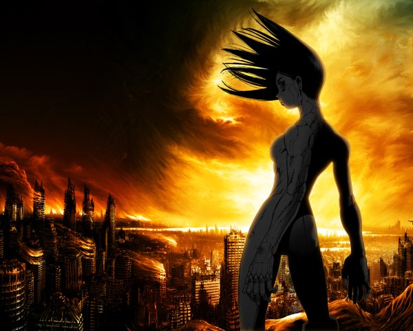 Anime picture 1280x1024 with battle angel alita gally single black hair profile looking back wind wallpaper city cityscape girl fire cyborg