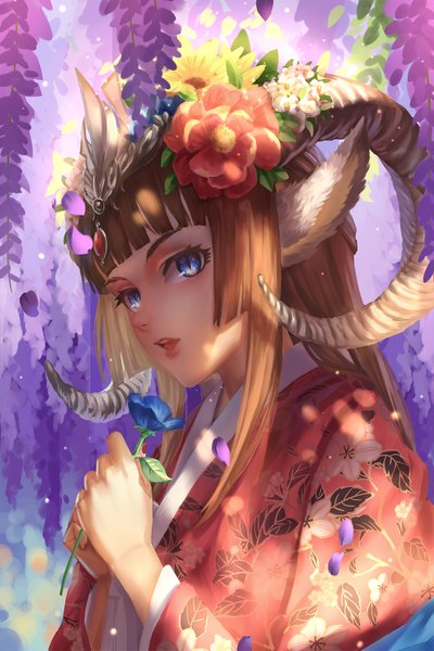 Anime picture 1000x1500 with original ttk (kirinottk) single long hair tall image open mouth blue eyes brown hair animal ears traditional clothes japanese clothes hair flower horn (horns) girl hair ornament flower (flowers) petals kimono wisteria