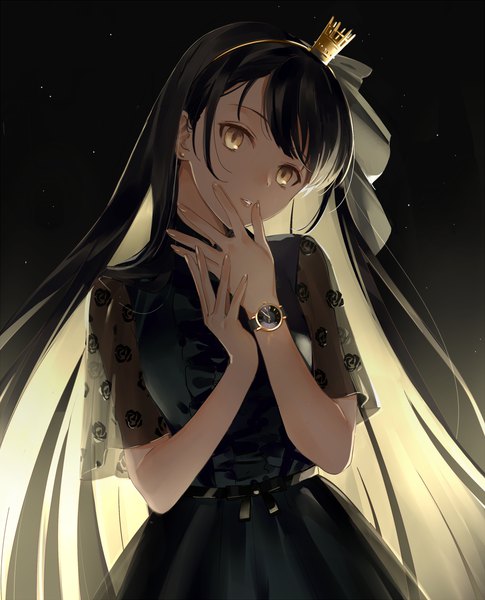 Anime picture 1214x1500 with original klasse14 urata asao single long hair tall image looking at viewer fringe black hair simple background standing brown eyes parted lips multicolored hair fingernails gradient background dark background colored inner hair hand to mouth girl