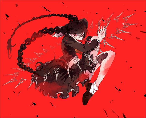 Anime picture 1500x1221 with dangan ronpa fukawa touko genocider syo qinlove single long hair looking at viewer black hair smile red eyes twintails full body red background long tongue girl uniform school uniform glasses blood scissors