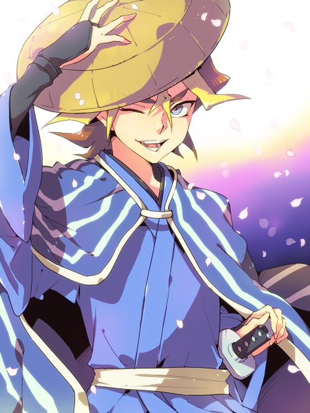 Anime picture 960x1280 with yu-gi-oh! sawatari shingo himekawa donki single tall image looking at viewer short hair open mouth blue eyes blonde hair smile traditional clothes japanese clothes one eye closed wink boy weapon hat petals sword