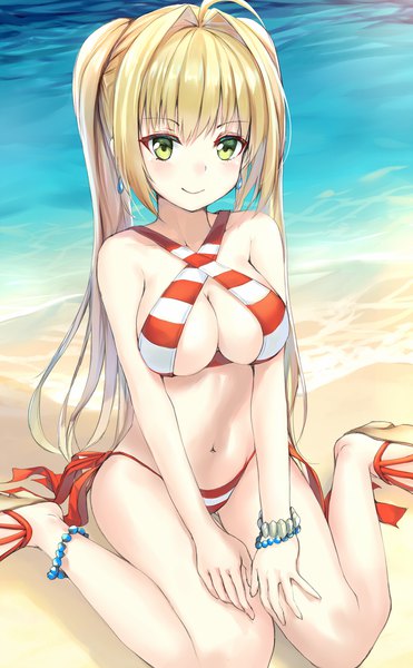 Anime picture 1200x1941 with fate (series) fate/grand order nero claudius (fate) (all) nero claudius (swimsuit caster) (fate) pdxen single long hair tall image blush fringe breasts light erotic blonde hair smile sitting twintails green eyes looking away cleavage ahoge