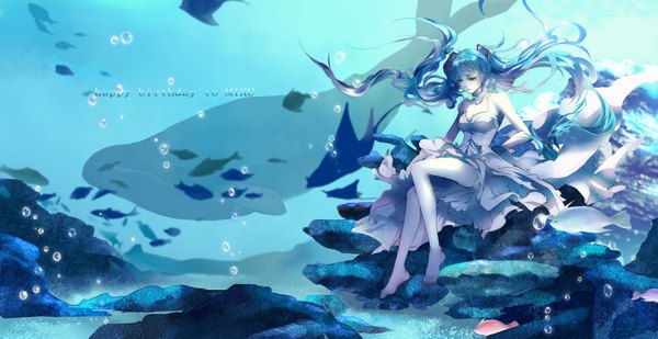 Anime picture 2054x1059 with vocaloid hatsune miku zhu xiao tai single highres wide image twintails bare shoulders blue hair full body eyes closed very long hair barefoot character names floating hair underwater happy birthday girl dress animal