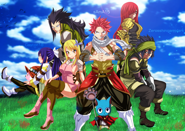 Anime picture 2000x1410 with fairy tail lucy heartfilia erza scarlet natsu dragneel gray fullbuster wendy marvell happy (fairy tail) gajeel redfox charle (fairy tail) tongasart sama15 zeroshini long hair blush fringe highres short hair black hair blonde hair smile