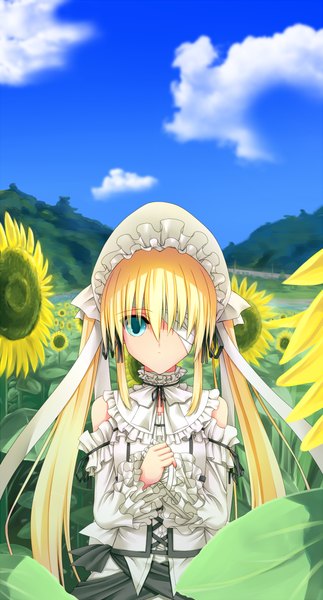 Anime picture 583x1080 with original shouyan single long hair tall image blue eyes blonde hair twintails sky cloud (clouds) loli lolita fashion bandage over one eye girl dress flower (flowers) detached sleeves frills bandage (bandages) sunflower