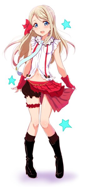 Anime picture 570x1227 with love live! school idol project sunrise (studio) love live! ayase arisa clearite single long hair tall image looking at viewer blush highres open mouth blue eyes simple background blonde hair smile standing white background girl gloves