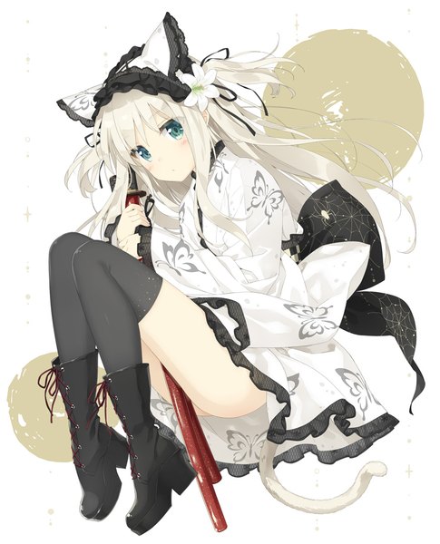 Anime picture 874x1080 with original shimotsuki potofu kani biimu single long hair tall image blush blue eyes light erotic simple background white background twintails holding full body bent knee (knees) white hair traditional clothes parted lips japanese clothes hair flower