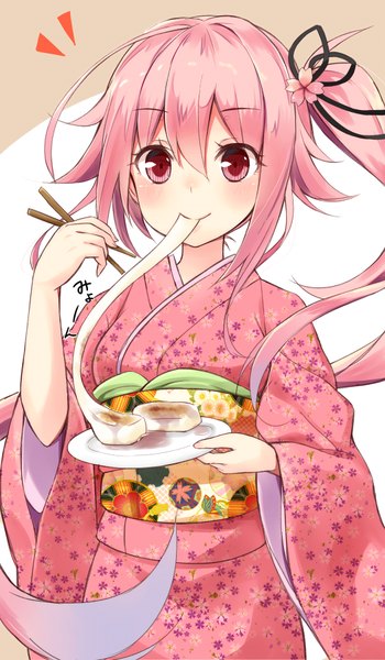 Anime picture 525x900 with kantai collection harusame destroyer takehana note single long hair tall image looking at viewer blush smile pink hair traditional clothes japanese clothes pink eyes side ponytail eating girl ribbon (ribbons) hair ribbon kimono obi