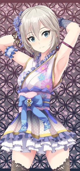 Anime picture 589x1255 with idolmaster idolmaster cinderella girls anastasia (idolmaster) inoshira single tall image looking at viewer fringe short hair blue eyes smile standing silver hair traditional clothes japanese clothes hair flower armpit (armpits) zettai ryouiki floral print arms behind head
