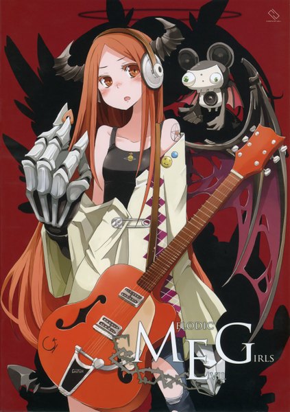 Anime picture 2139x3034 with original tansuke single long hair tall image blush highres open mouth brown hair standing yellow eyes horn (horns) scan inscription tattoo red background bat wings skeleton girl headphones