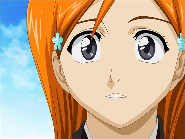 Anime picture 1200x901 with bleach studio pierrot inoue orihime blonde hair black eyes orange hair close-up girl hair ornament snowflake hair ornament