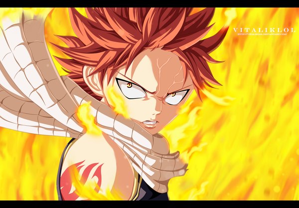 Anime picture 1024x712 with fairy tail natsu dragneel vitaliklol single short hair yellow eyes red hair tattoo sleeveless grin coloring magic portrait angry boy scarf fire