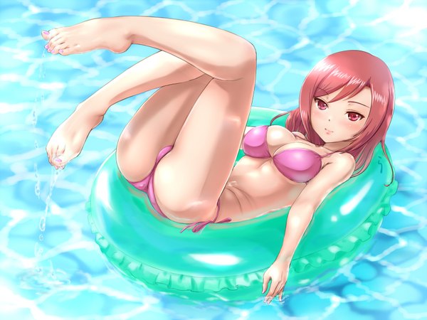 Anime picture 1600x1200 with love live! school idol project sunrise (studio) love live! nishikino maki rasukaru single long hair looking at viewer blush breasts light erotic red eyes ass red hair barefoot on back wallpaper afloat girl swimsuit