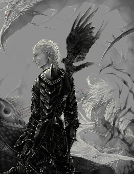 Anime picture 1108x1444 with lord of vermilion loki (lord of vermilion) odin (lord of vermilion) mega (artist) long hair tall image short hair red eyes white hair profile from behind boy weapon animal sword armor bird (birds) monster crow