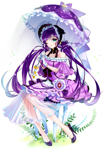 Anime picture 600x842 with love live! school idol project sunrise (studio) love live! toujou nozomi rarumi single long hair tall image looking at viewer fringe simple background white background sitting twintails bare shoulders green eyes purple hair full body one eye closed high heels