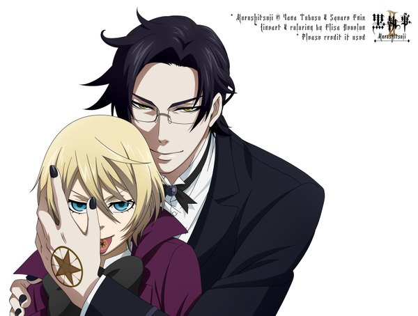 Anime picture 3300x2500 with kuroshitsuji a-1 pictures alois trancy claude faustus fringe highres short hair blue eyes black hair simple background blonde hair white background yellow eyes absurdres scan inscription multiple boys tattoo hieroglyph :p