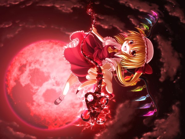 Anime picture 1600x1200 with touhou flandre scarlet hatomura (tareneko club) single short hair blonde hair red eyes cloud (clouds) fingernails one side up long fingernails red moon girl dress weapon wings frills bonnet crystal laevatein (touhou)