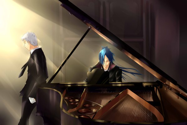 Anime picture 3542x2362 with katekyou hitman reborn rokudo mukuro sasagawa ryohei long hair highres blue hair absurdres white hair eyes closed hands in pockets boy suit musical instrument piano