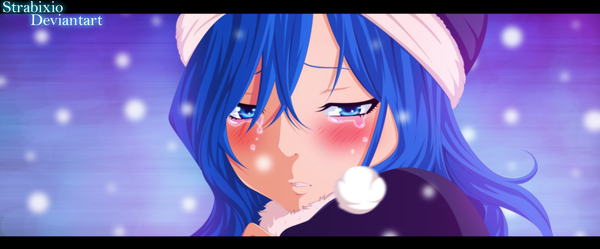 Anime picture 2879x1199 with fairy tail juvia lockser strabixio single long hair blush highres blue eyes wide image blue hair tears coloring snowing close-up face girl fur cap winter clothes