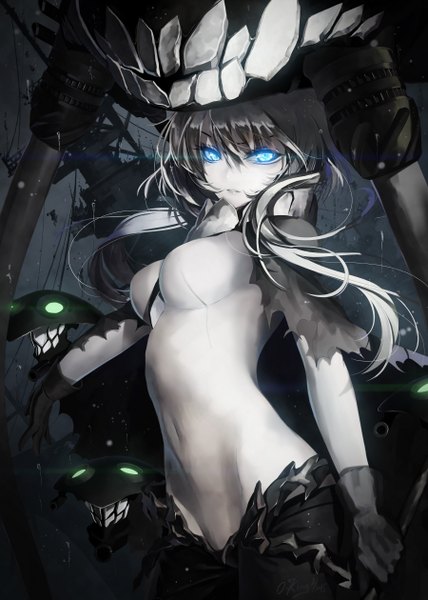 Anime picture 1800x2520 with kantai collection wo-class aircraft carrier okingjo single long hair tall image looking at viewer highres breasts blue eyes light erotic parted lips grey hair torn clothes covered navel glowing glowing eye (eyes) arched back shinkaisei-kan girl