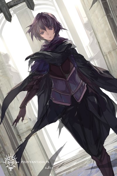 Anime picture 1417x2125 with original pixiv fantasia pixiv fantasia fallen kings swd3e2 single tall image looking at viewer short hair black hair signed black eyes walking girl boots armor cape pants