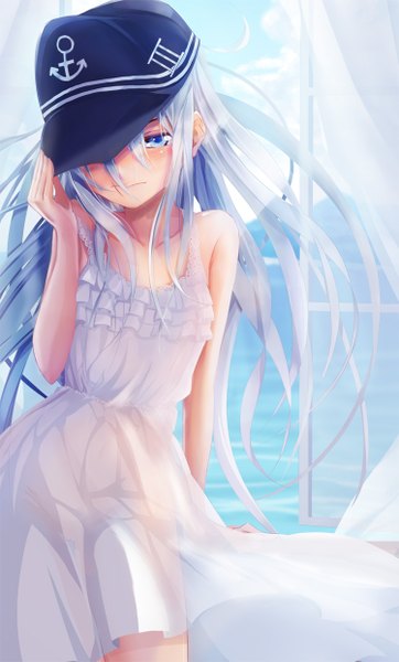 Anime picture 750x1242 with kantai collection hibiki destroyer hopper single long hair tall image blush blue eyes light erotic bare shoulders blue hair sky cloud (clouds) see-through silhouette girl dress window white dress sea transparent clothing