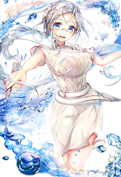 Anime picture 684x999 with isekai yakkyoku original eleonora bonnefoy keepout single long hair tall image looking at viewer breasts open mouth blue eyes simple background smile large breasts white background holding silver hair ponytail head tilt official art