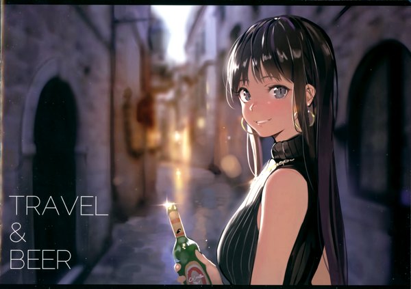 Anime picture 3000x2116 with original yuran (cozyquilt) single long hair looking at viewer blush fringe highres black hair smile standing holding upper body black eyes blurry scan depth of field text english alley