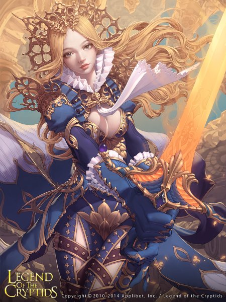 Anime picture 900x1200 with legend of the cryptids lange long hair tall image looking at viewer breasts blue eyes blonde hair large breasts holding long sleeves realistic puffy sleeves wavy hair glowing weapon girl dress gloves hair ornament weapon