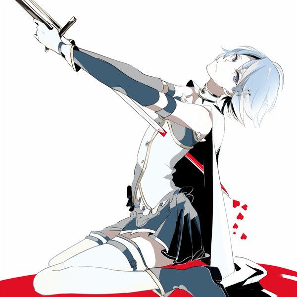 Anime picture 1000x1000 with mahou shoujo madoka magica shaft (studio) miki sayaka irony (orange-o) single looking at viewer short hair blue eyes simple background white background sitting holding blue hair pleated skirt wariza magical girl bloody weapon girl thighhighs skirt
