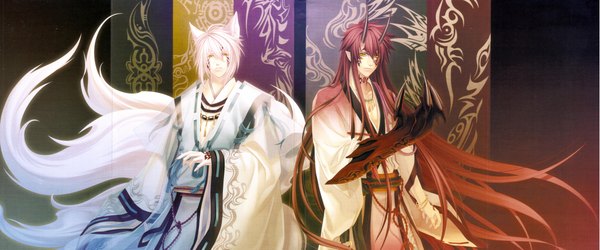 Anime picture 4704x1966 with hiiro no kakera yuuichi komura onizaki takuma long hair highres short hair open mouth wide image animal ears yellow eyes white hair red hair traditional clothes japanese clothes animal tail horn (horns) fingernails pointy ears multiple boys tattoo