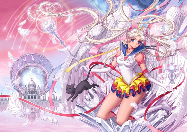 Anime picture 992x701 with bishoujo senshi sailor moon toei animation tsukino usagi sailor moon luna (sailor moon) eternal sailor moon eclosion long hair looking at viewer blue eyes blonde hair standing twintails bare shoulders bent knee (knees) high heels kneeling angel wings white wings girl