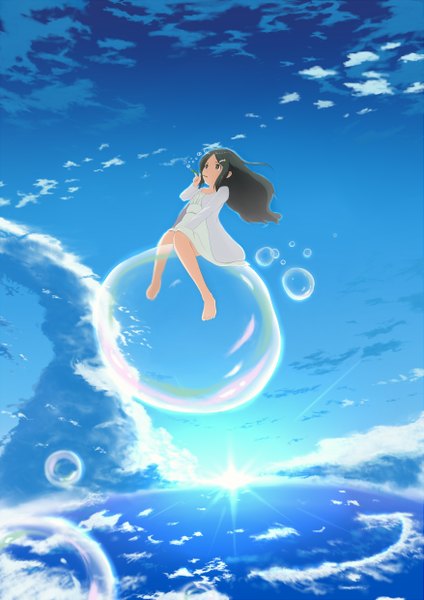 Anime picture 1753x2480 with original momo no kanzume single long hair tall image highres blue eyes black hair sitting sky cloud (clouds) barefoot bare legs lens flare horizon girl dress sundress bubble (bubbles)
