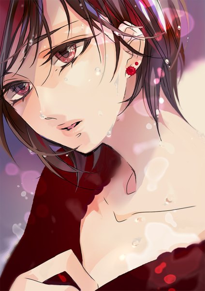 Anime picture 1042x1473 with vocaloid meiko caracoro single tall image fringe short hair open mouth brown hair brown eyes looking away lips wet alternate costume eyebrows girl earrings water water drop