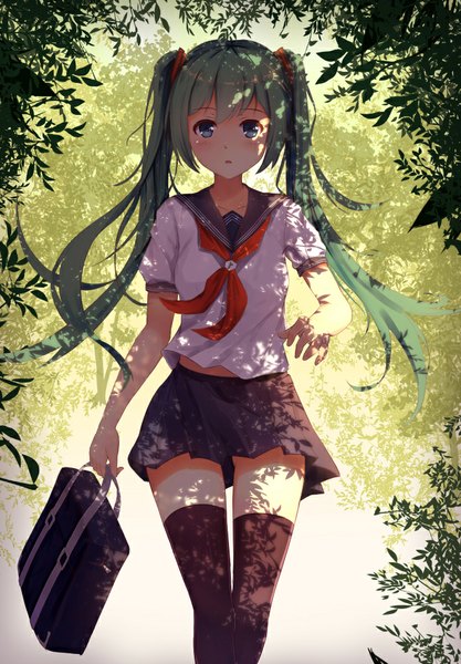 Anime picture 695x1000 with vocaloid hatsune miku byakuya reki single long hair tall image looking at viewer blush blue eyes twintails aqua hair girl thighhighs skirt uniform hair ornament black thighhighs plant (plants) serafuku school bag