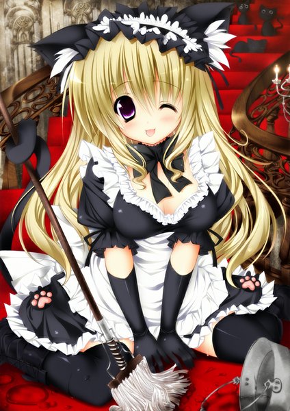 Anime picture 707x1000 with original ojitcha single long hair tall image blush open mouth blonde hair purple eyes animal ears tail animal tail one eye closed wink cat ears maid cat girl cat tail girl thighhighs