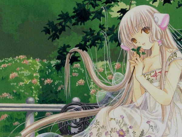 Anime picture 1024x768 with chobits chii long hair blonde hair brown eyes cleavage girl dress flower (flowers) plant (plants)