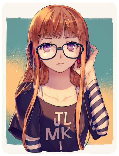 Anime picture 612x800 with persona 5 persona sakura futaba mmtip single long hair tall image looking at viewer fringe simple background upper body blunt bangs long sleeves parted lips pink eyes orange hair portrait polka dot background hand on headphones girl
