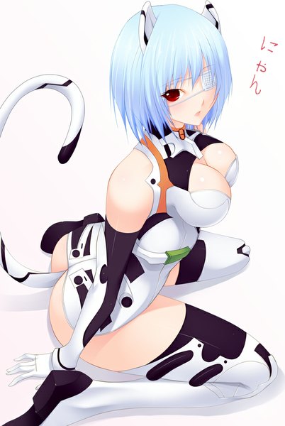 Anime picture 670x1000 with neon genesis evangelion gainax ayanami rei shokuyou mogura single tall image blush short hair breasts light erotic red eyes large breasts bare shoulders animal ears blue hair tail animal tail cat ears cat girl cat tail