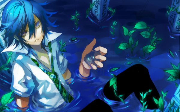 Anime picture 1920x1200 with shiki yuuki natsuno highres wide image blue hair boy plant (plants) shirt choker water necktie pants