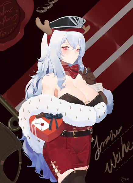 Anime picture 1190x1631 with azur lane graf zeppelin (azur lane) yueguang zhanglang single long hair tall image blush fringe light erotic hair between eyes red eyes standing silver hair horn (horns) open clothes embarrassed fur trim turning head playing with hair antlers