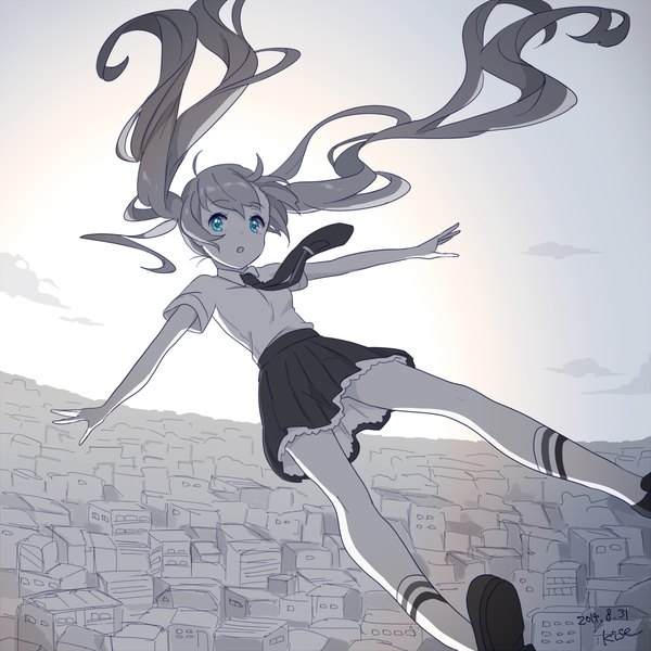 Anime picture 1200x1200 with vocaloid hatsune miku kise (swimmt) single long hair looking at viewer open mouth blue eyes twintails cloud (clouds) pleated skirt from above grey background city monochrome spread arms cityscape girl skirt uniform