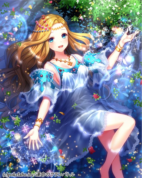 Anime picture 798x1000 with fuji minako single long hair tall image looking at viewer blush open mouth blue eyes blonde hair girl dress hair ornament flower (flowers) petals water bracelet
